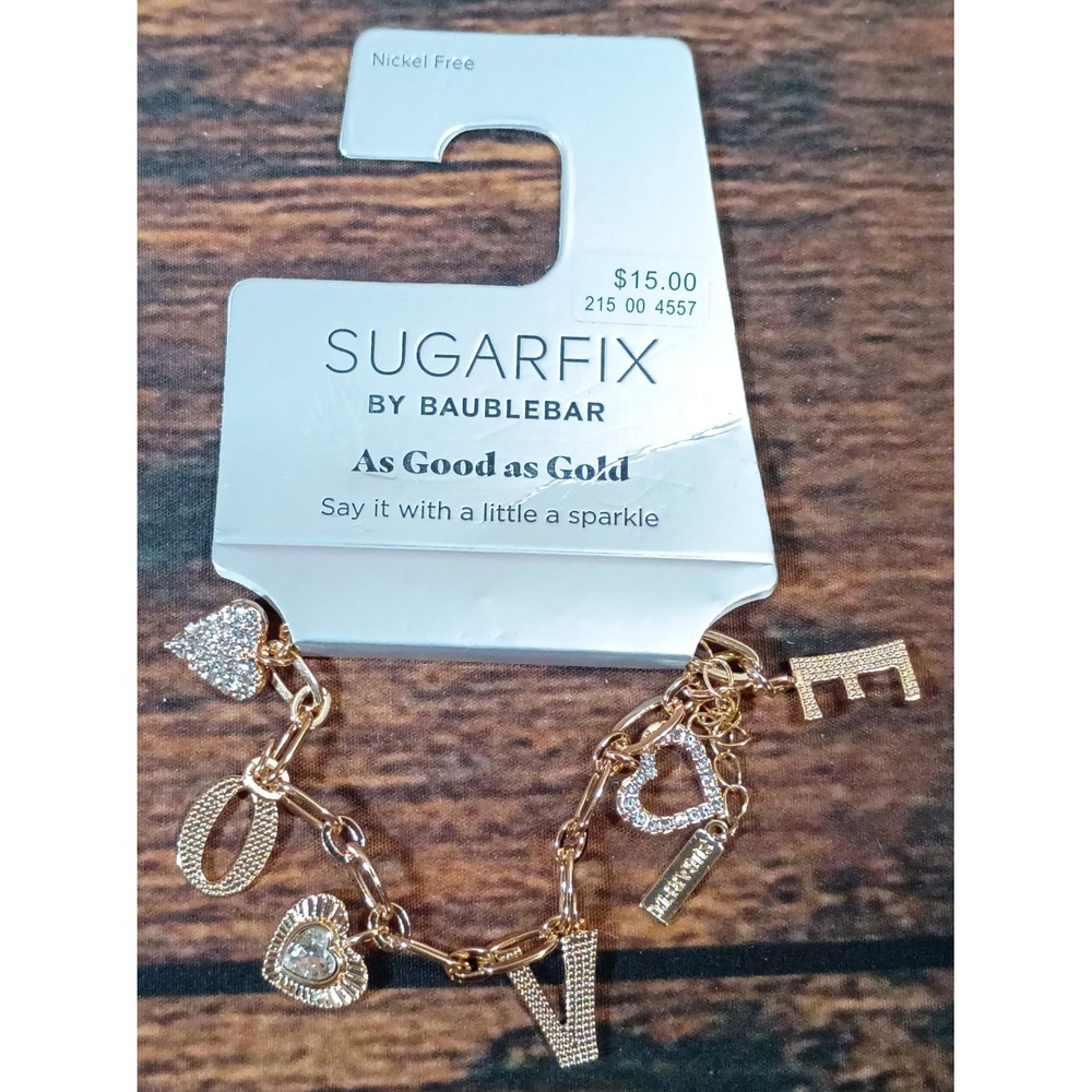 Sugarfix by Baublebar Gold Tone LOVE Heart Charm Bracelet Rhinestone New NWT